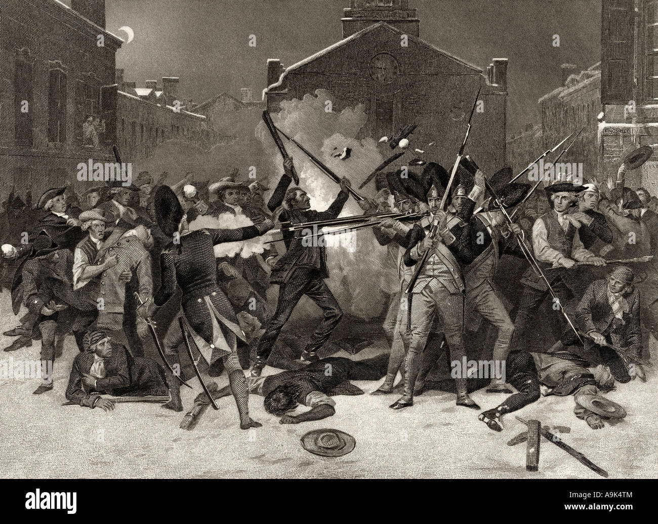 The Boston Massacre, also known as the Incident on King Street, March 5, 1770, when British soldiers shot several civilians. Stock Photo