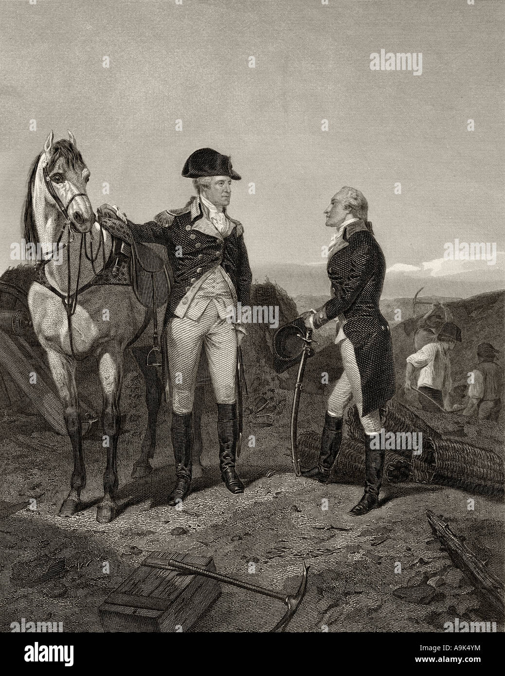 First meeting of George Washington 1732 - 1799, with Alexander Hamilton 1755 /1757 - 1804. Stock Photo
