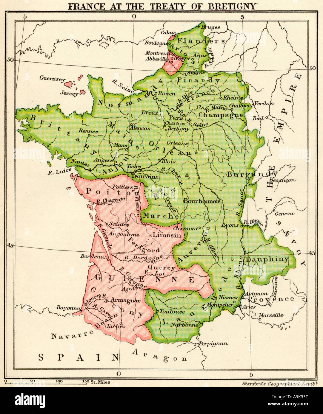 Map of France at the Treaty of Bretigny Stock Photo