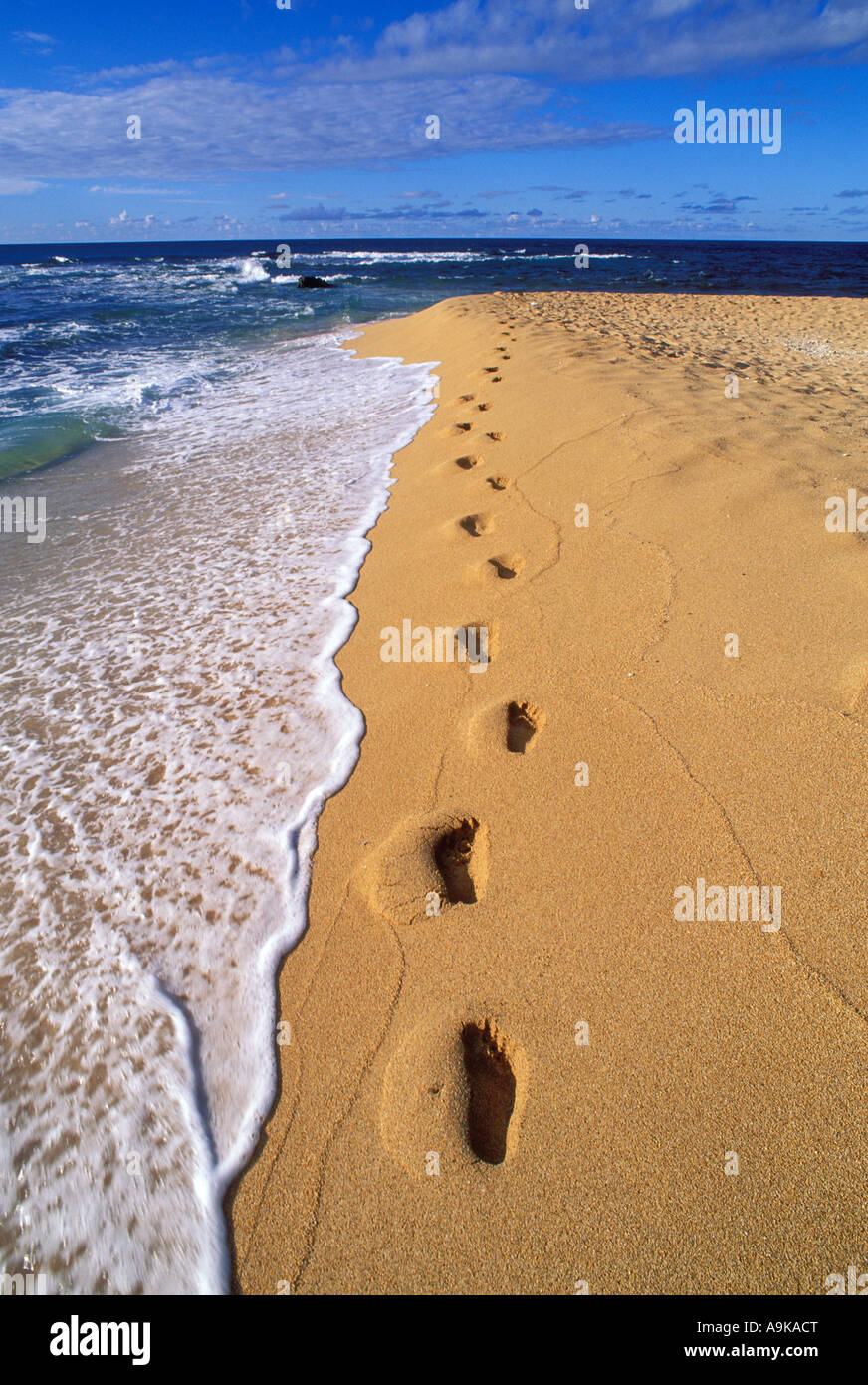 Evening light on footprints in sand along the surf at Tunnels Beach