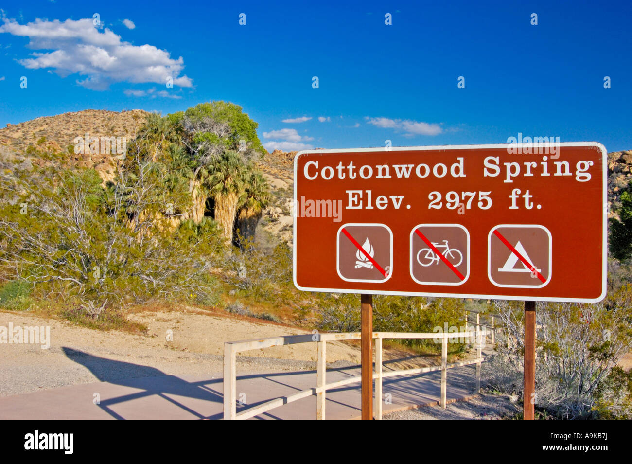 Trail sign and fan palms at Cottonwood Spring Joshua Tree National Park California Stock Photo