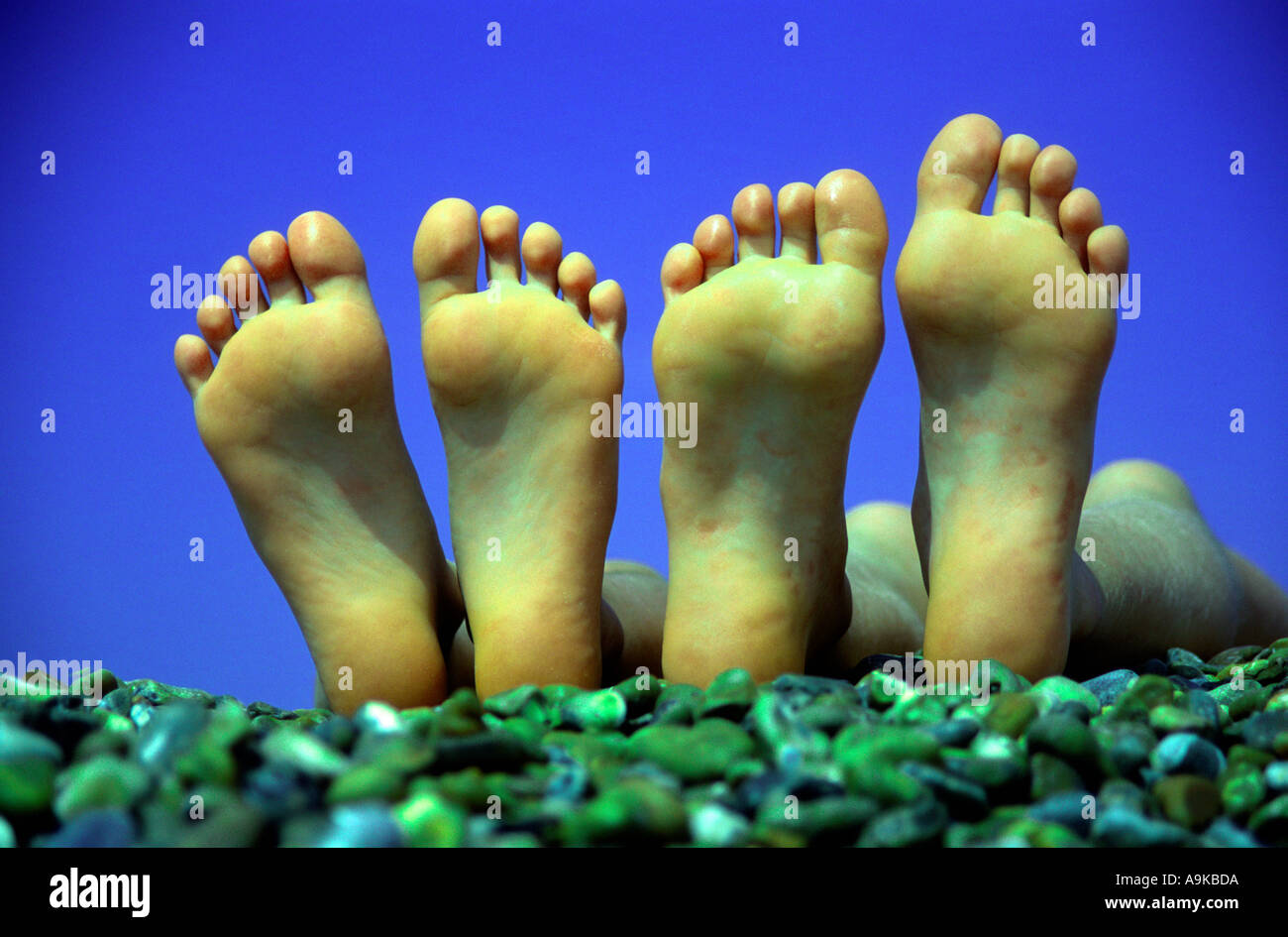 Two pairs of feet on shingle beach Stock Photo Alamy
