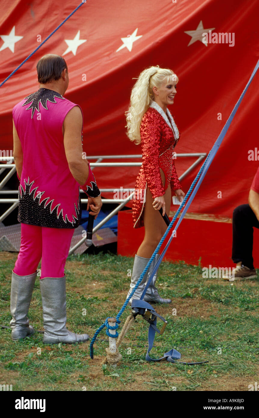 Bentley Bros. Brothers circus female woman ringmaster awaits entrance