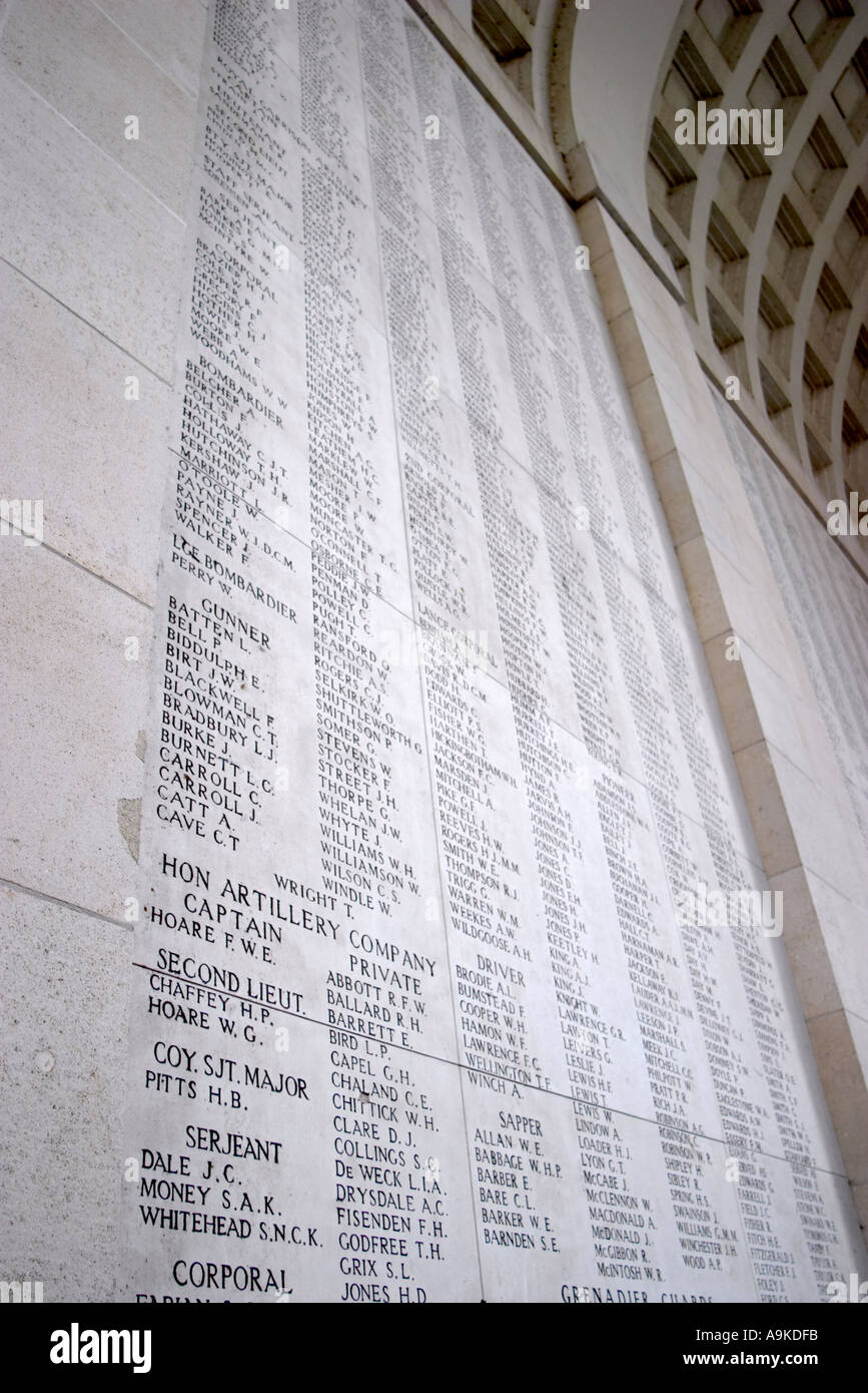 Names of WW1 missing dead killed on the Ypres Salient, on the Menin Gate, Ypres, Belgium Stock Photo