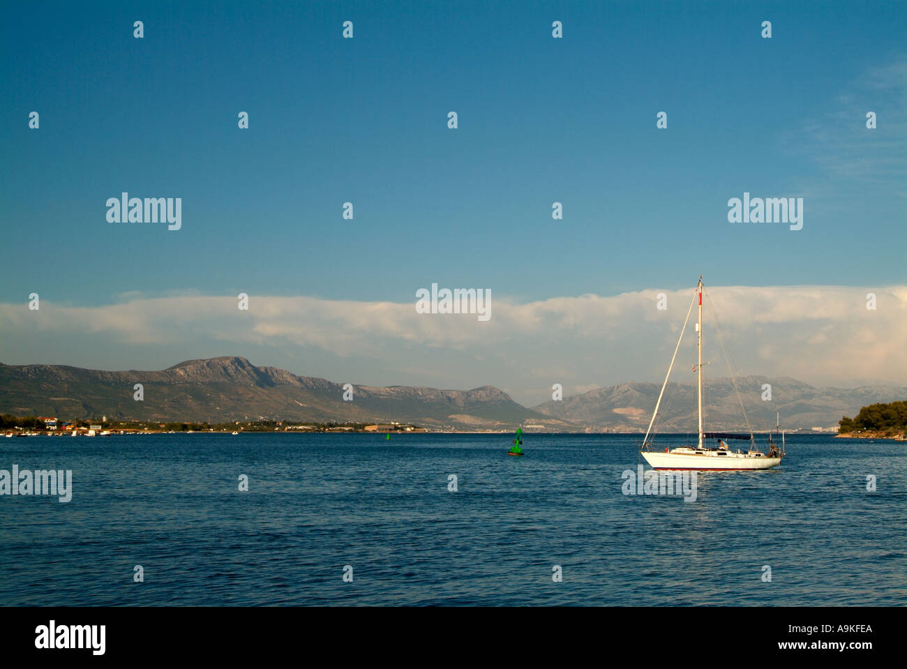 Yacht Anchored in Trogir Harbour, Dalmatian Coast, Croatia Stock Photo