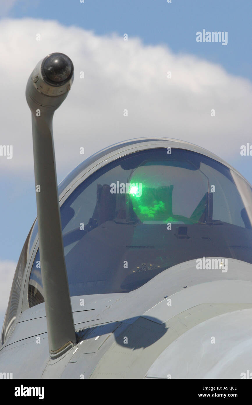 Dassault Aviation Rafale military jet interceptor with in flight refuelling probe and green reflective head up display Stock Photo