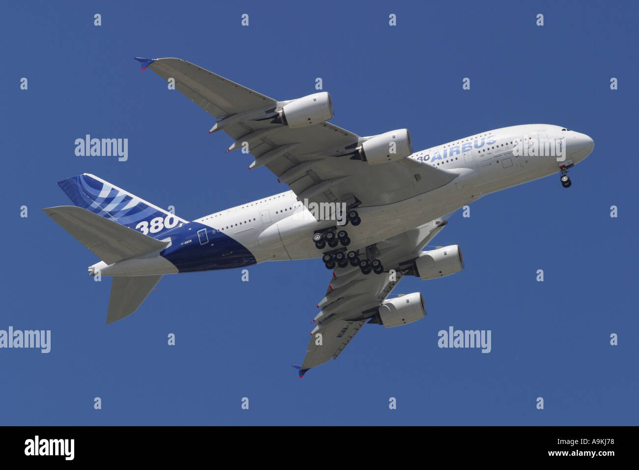 Airbus A380 new large modern double decker commercial passenger airliner in flight Stock Photo