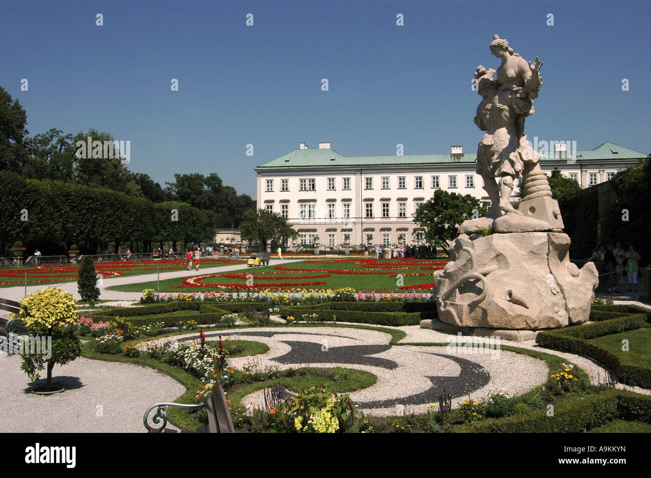 Mirabell Palace Gardens and one of the four elements sculptures created by Ottavio Mosto in 1690 Salzburg Stock Photo