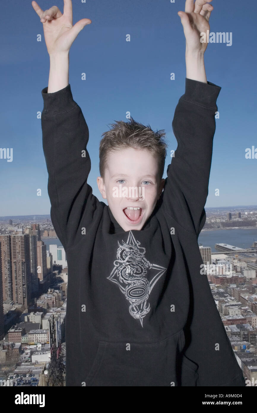 Boy age 11 with Midtown Manhattan background New York City Stock Photo Alamy