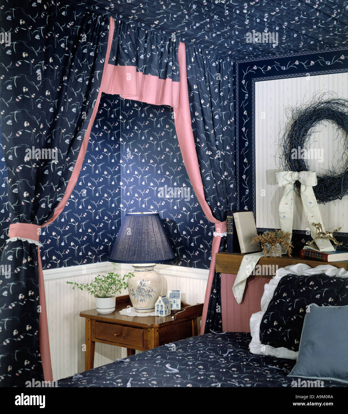 Bed Room Bedroom Set Interior Lamp Canopy Drapes Night Stand