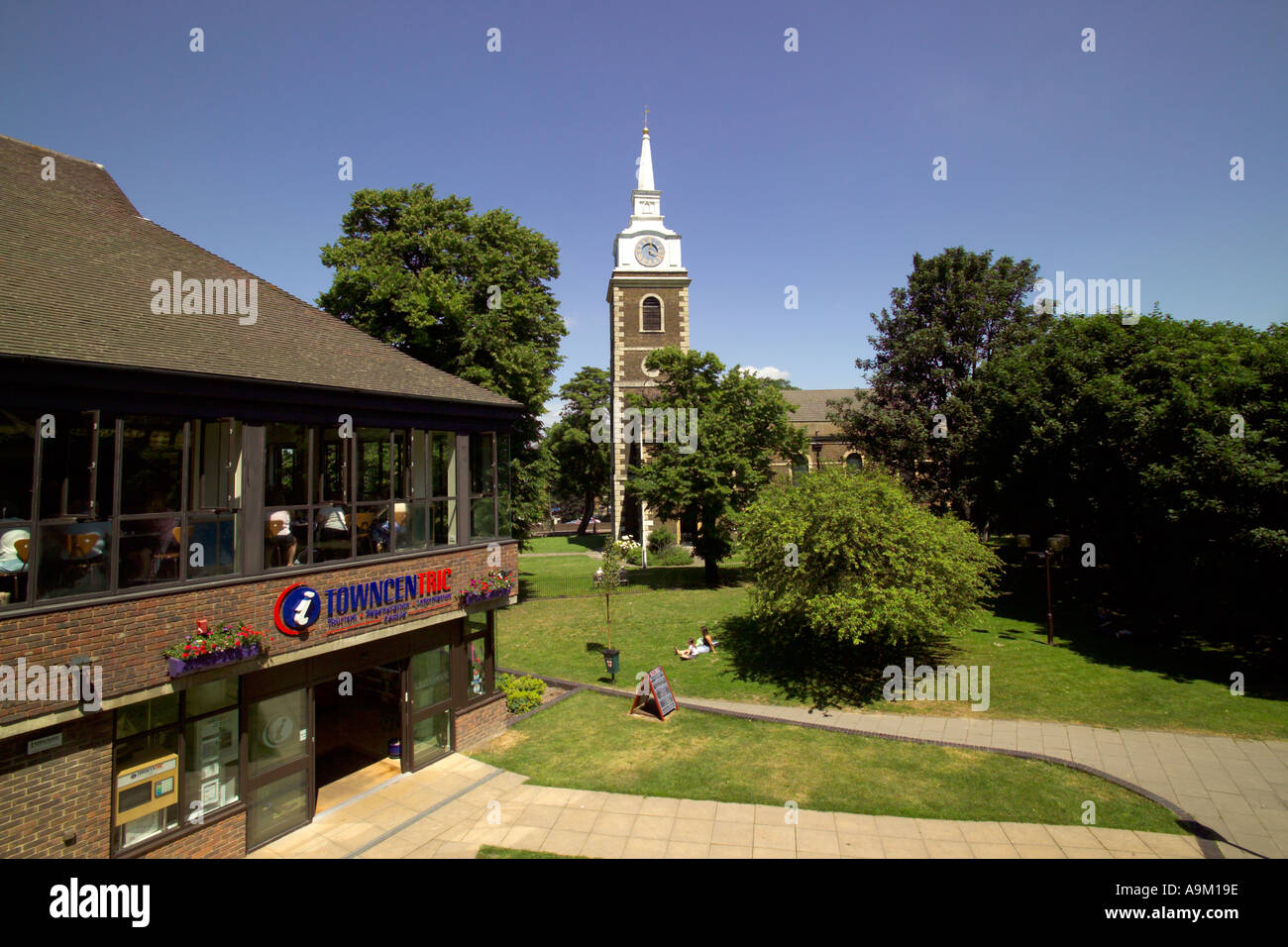 St Georges church Gravesend last resting place of princess Pocahontas from the St Georges shopping centre Stock Photo