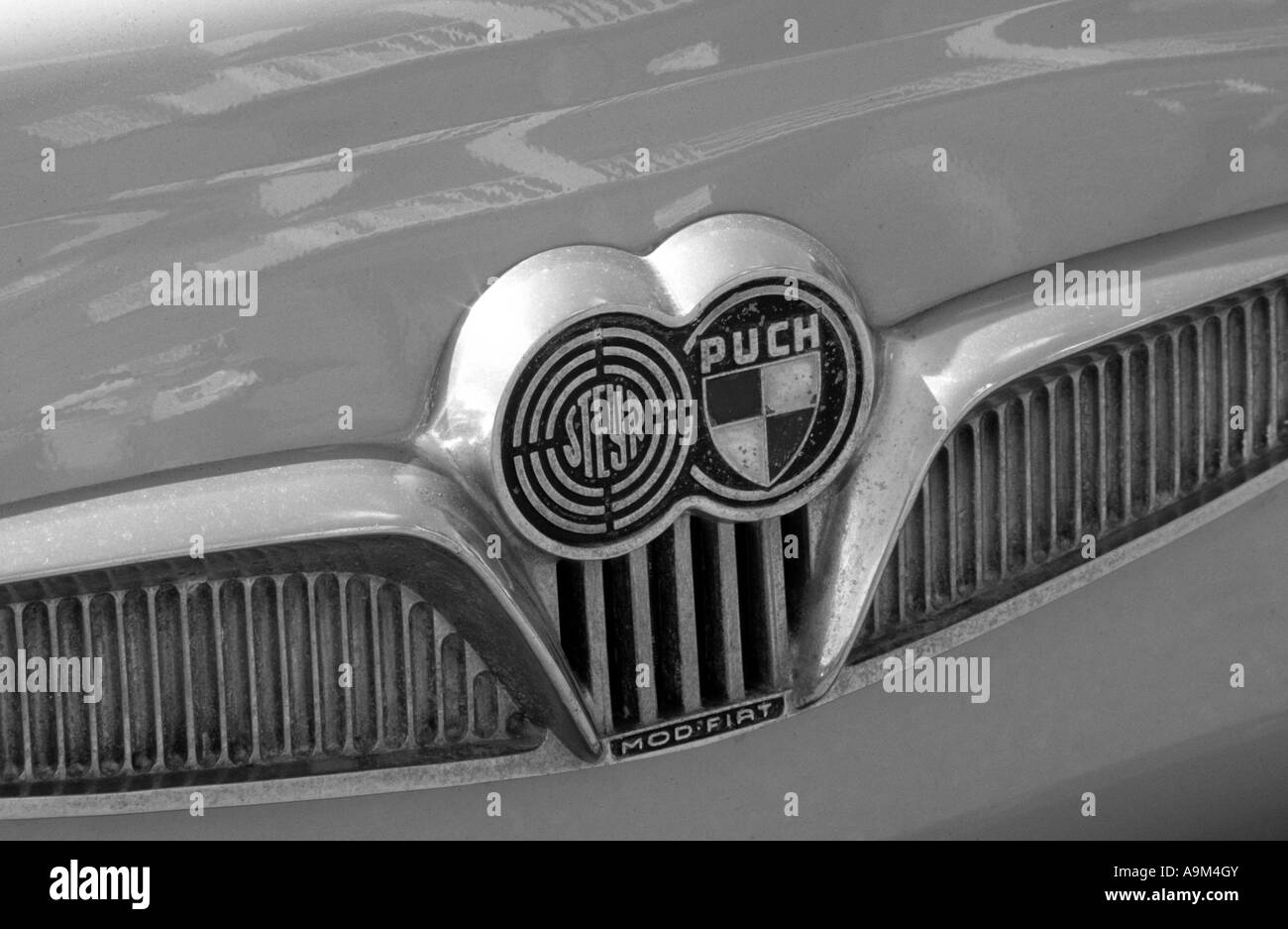 Steyr-Puch 500D of 1966. German car manufacturer. Steyr-Puch car auto badge marque German maker make Stock Photo