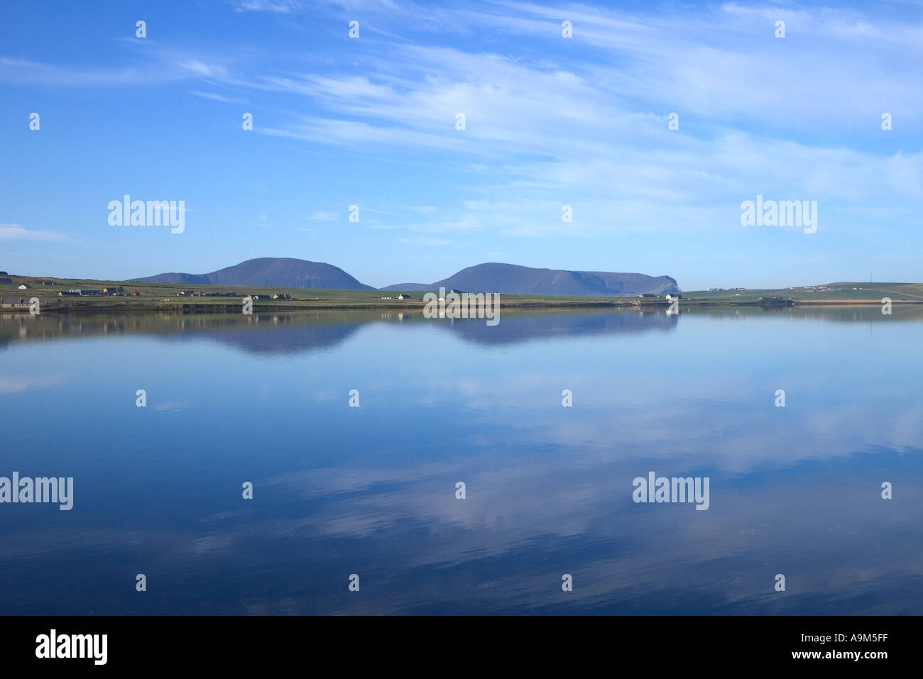 dh Loch of Stenness STENNESS ORKNEY Shores of loch Hoy Hills scotland islands peaceful tranquil water quiet Stock Photo