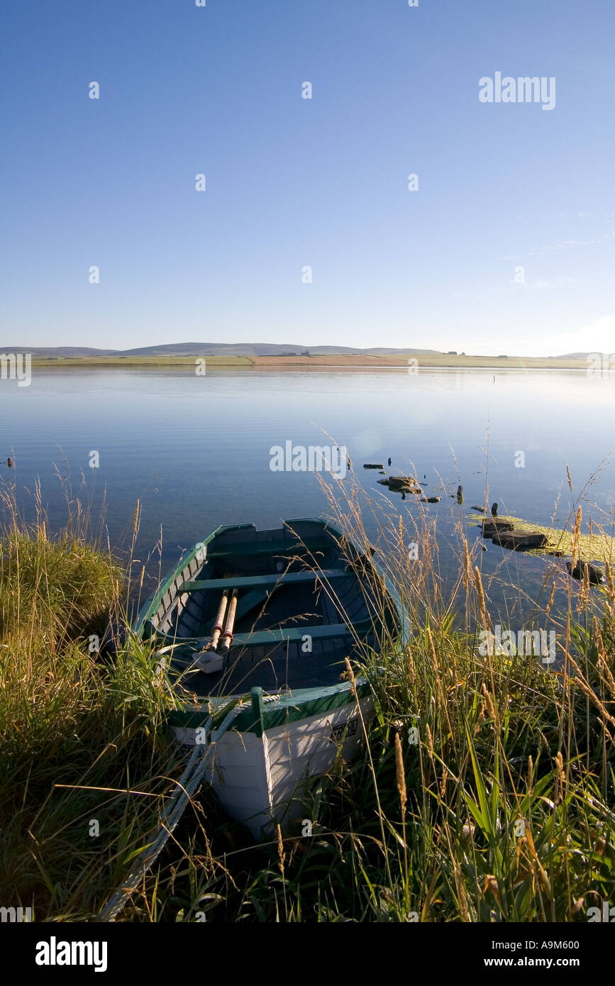 dh Loch of Harray STENNESS ORKNEY Fishing boat beach on grassy shore Stock Photo