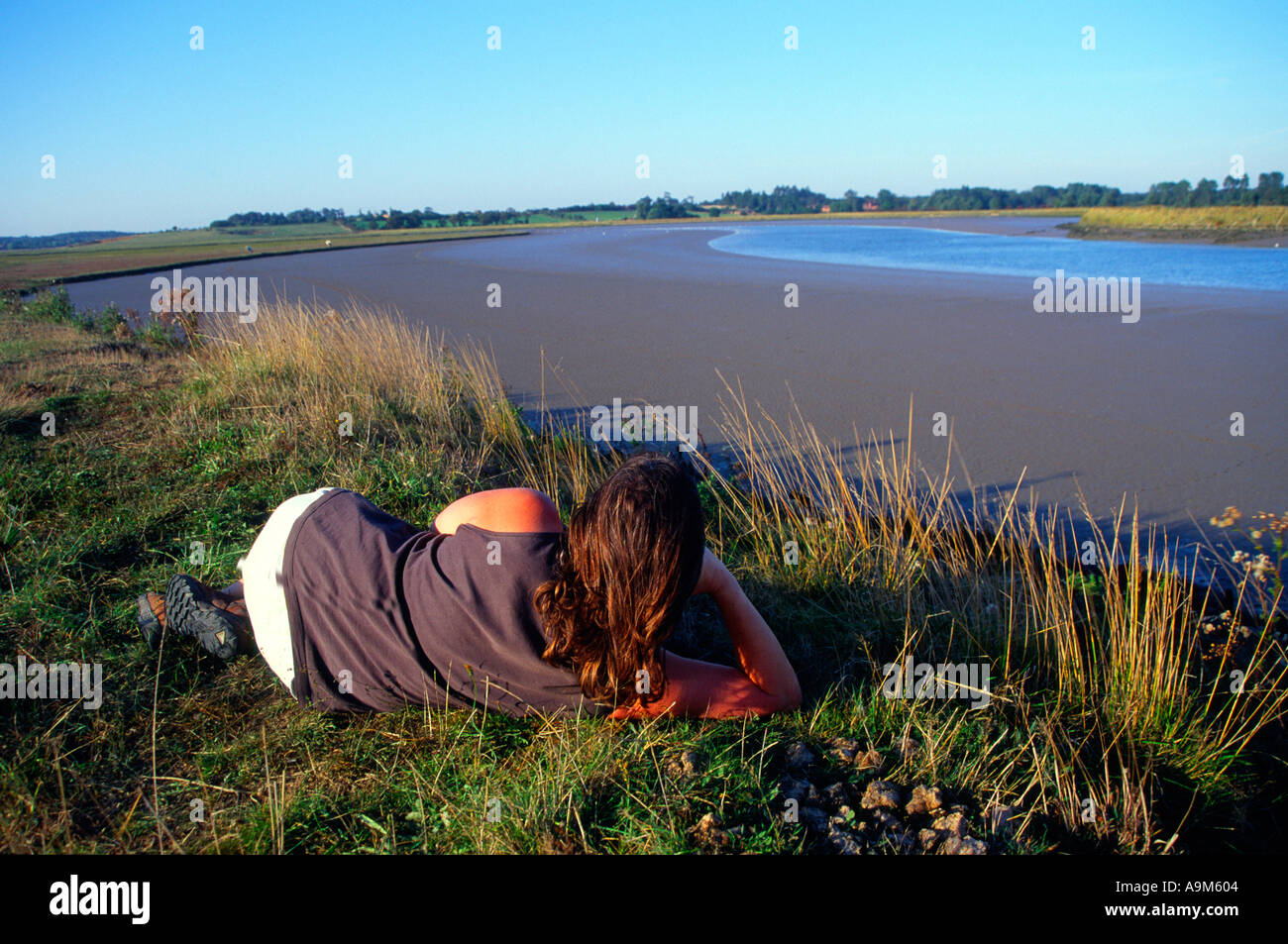 Woman lying down Butley Creek Suffolk England Stock Photo