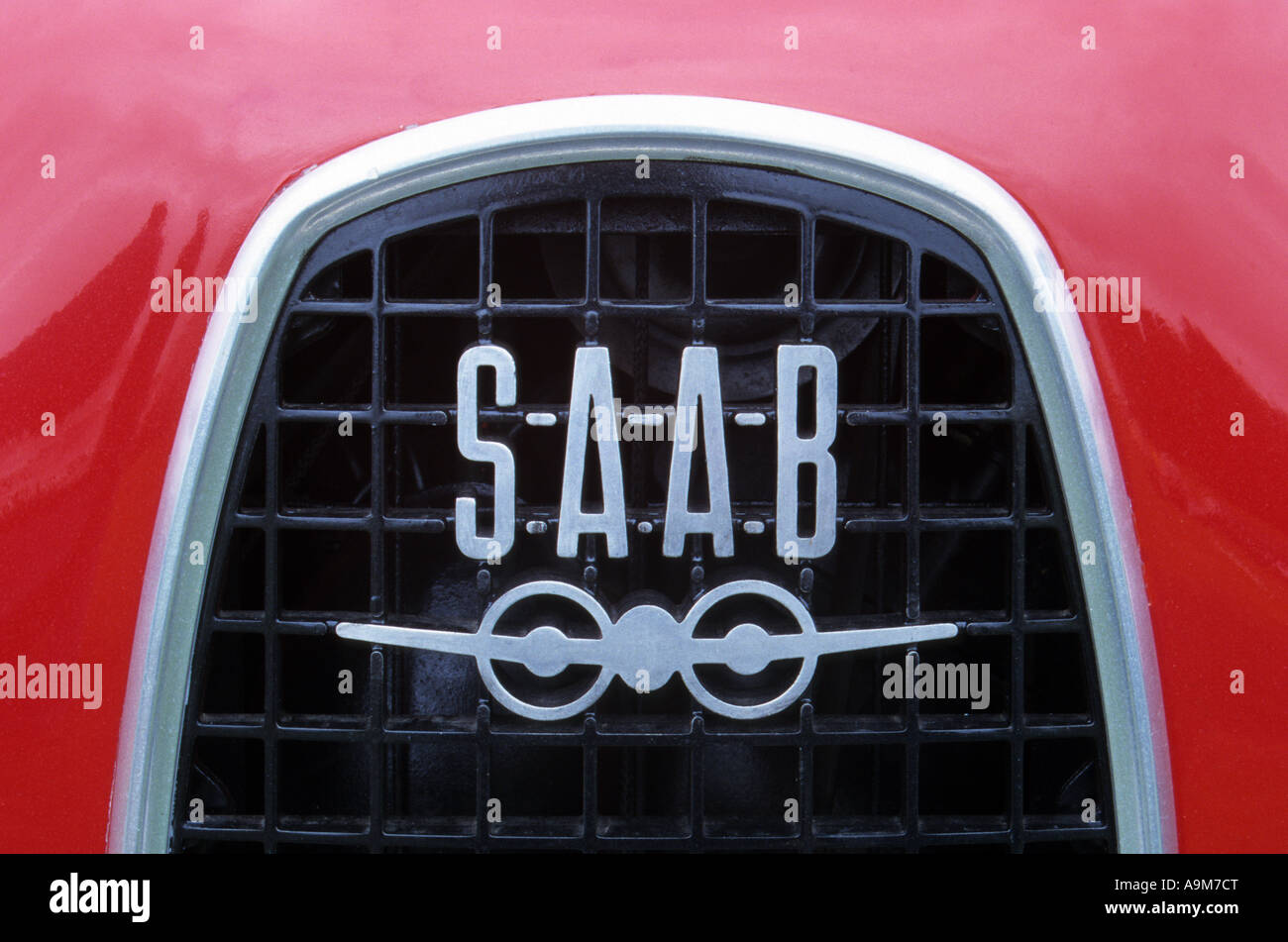 Saab car badge. Swedish car manufacturer 1949 to date. Saab car auto badge marque Swedish maker make Stock Photo