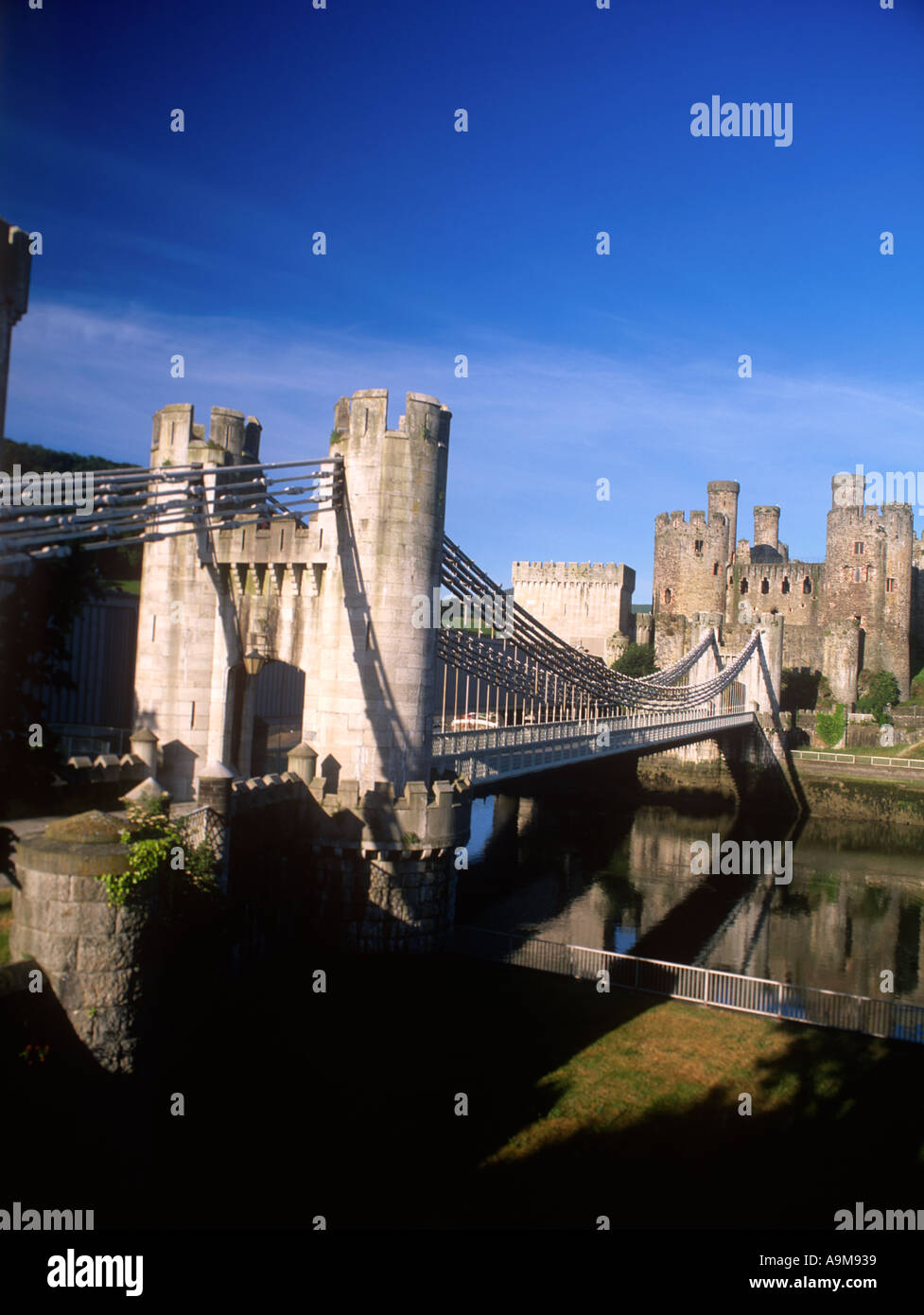 Conwy Castle and the Telford Suspension Bridge Conwy North West Wales