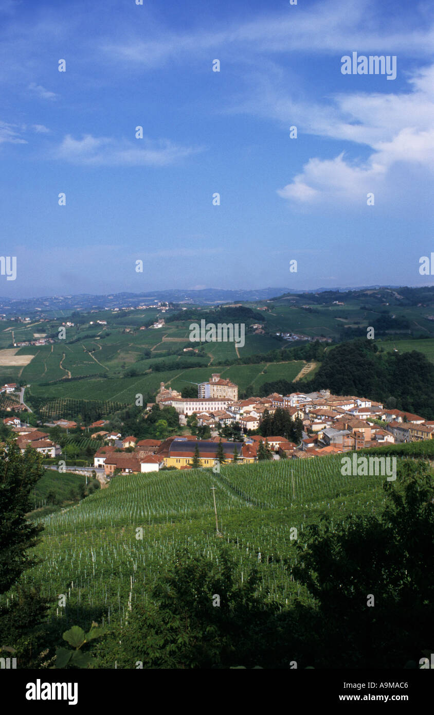 scenery with green hills a vineyards of th wine region Langhe with view to the village Barolo Piemont Italy Europe EU  Stock Photo