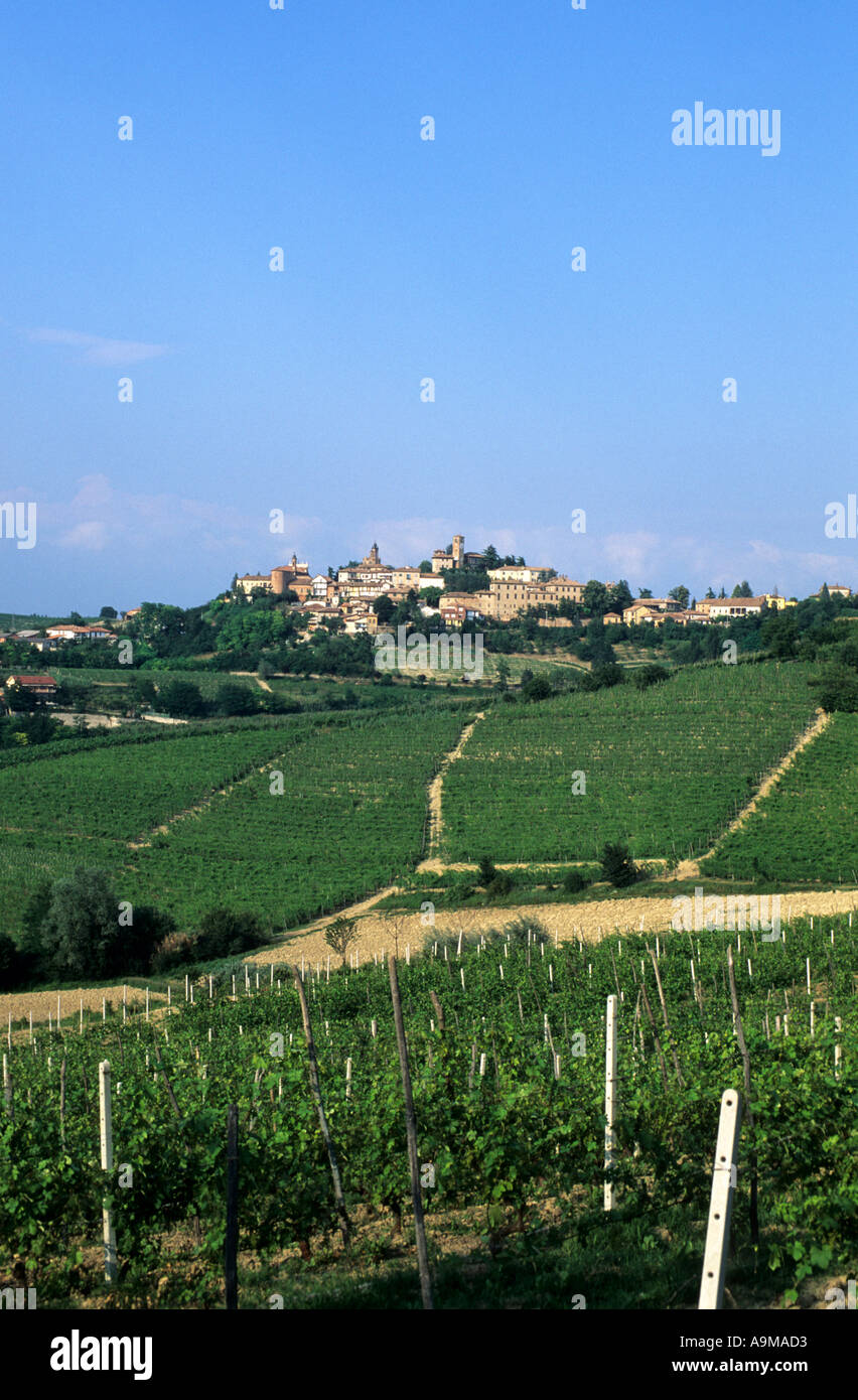 scenery with green hills a vineyards of th wine region Langhe with view to the village Neive Piemont Italy Europe EU  Stock Photo