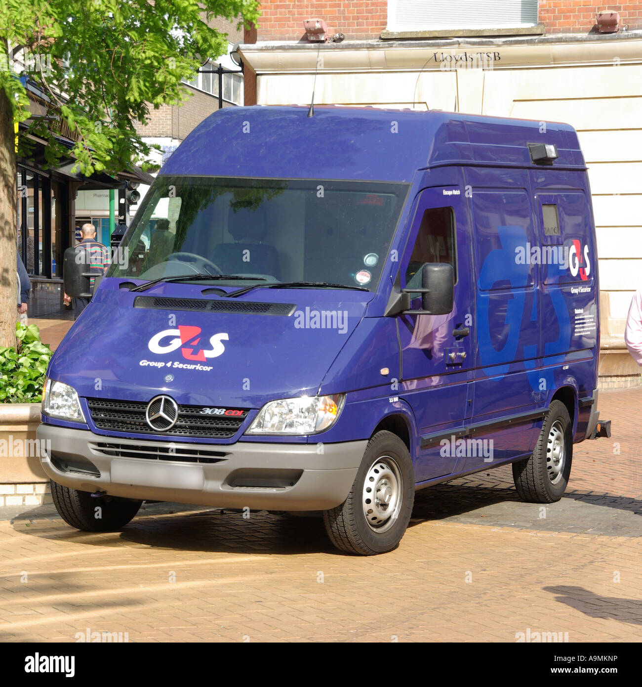 G4S business blue money delivery tracked high security van transport parked  in pedestrian shopping high street near bank Chelmsford Essex England UK  Stock Photo - Alamy