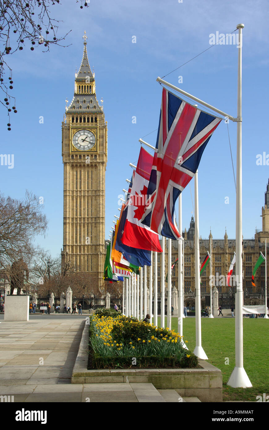 London Parliament Square springtime view of British Commonwealth countries flags Big Ben & Houses Parliament Stock Photo