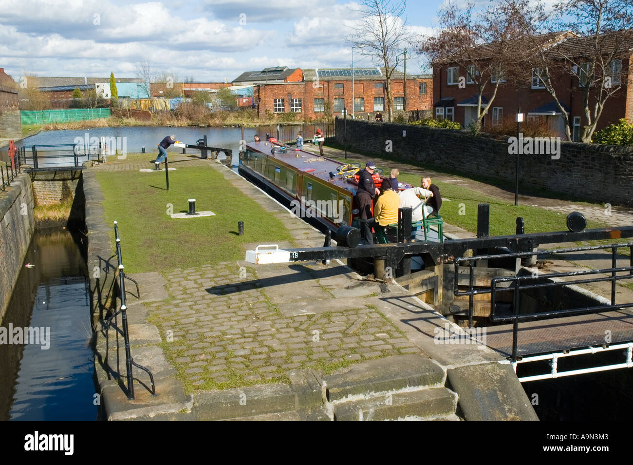 Narrowboat at Fairfield Locks on the Ashton Canal at Droylsden, Tameside, Manchester, England