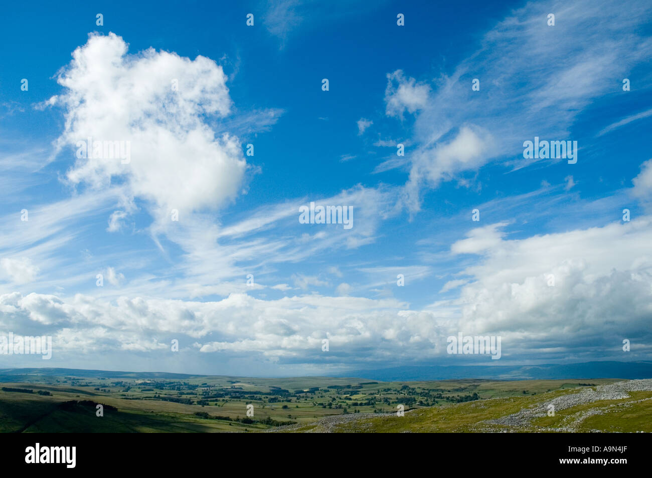 Ravenstonedale from Stennerskeugh Clouds limestone pavement, near Kirkby Stephen, Cumbria, England, UK Stock Photo