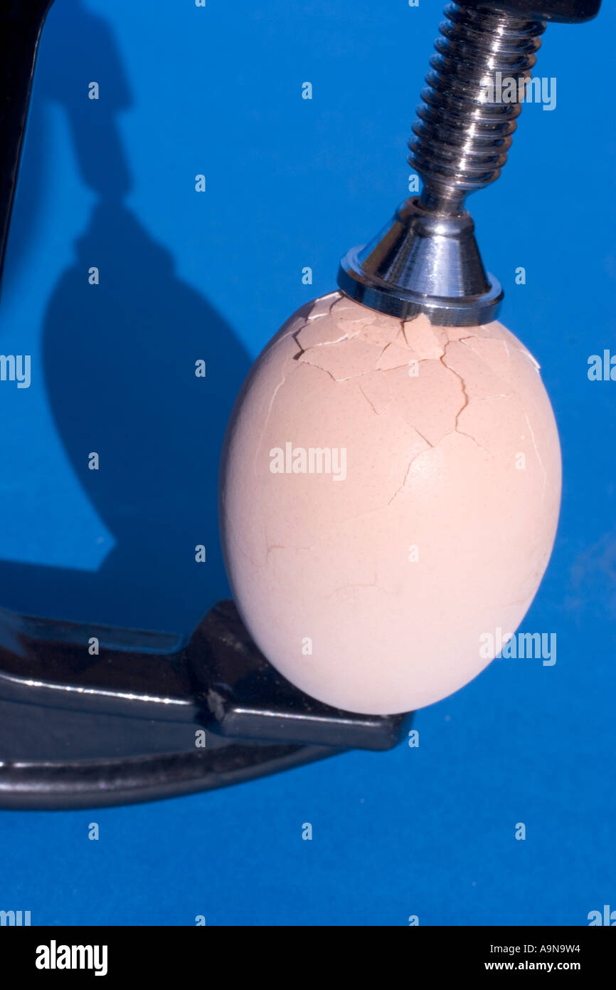 Pressure crush broken egg being crushed with clamps Stock Photo Alamy