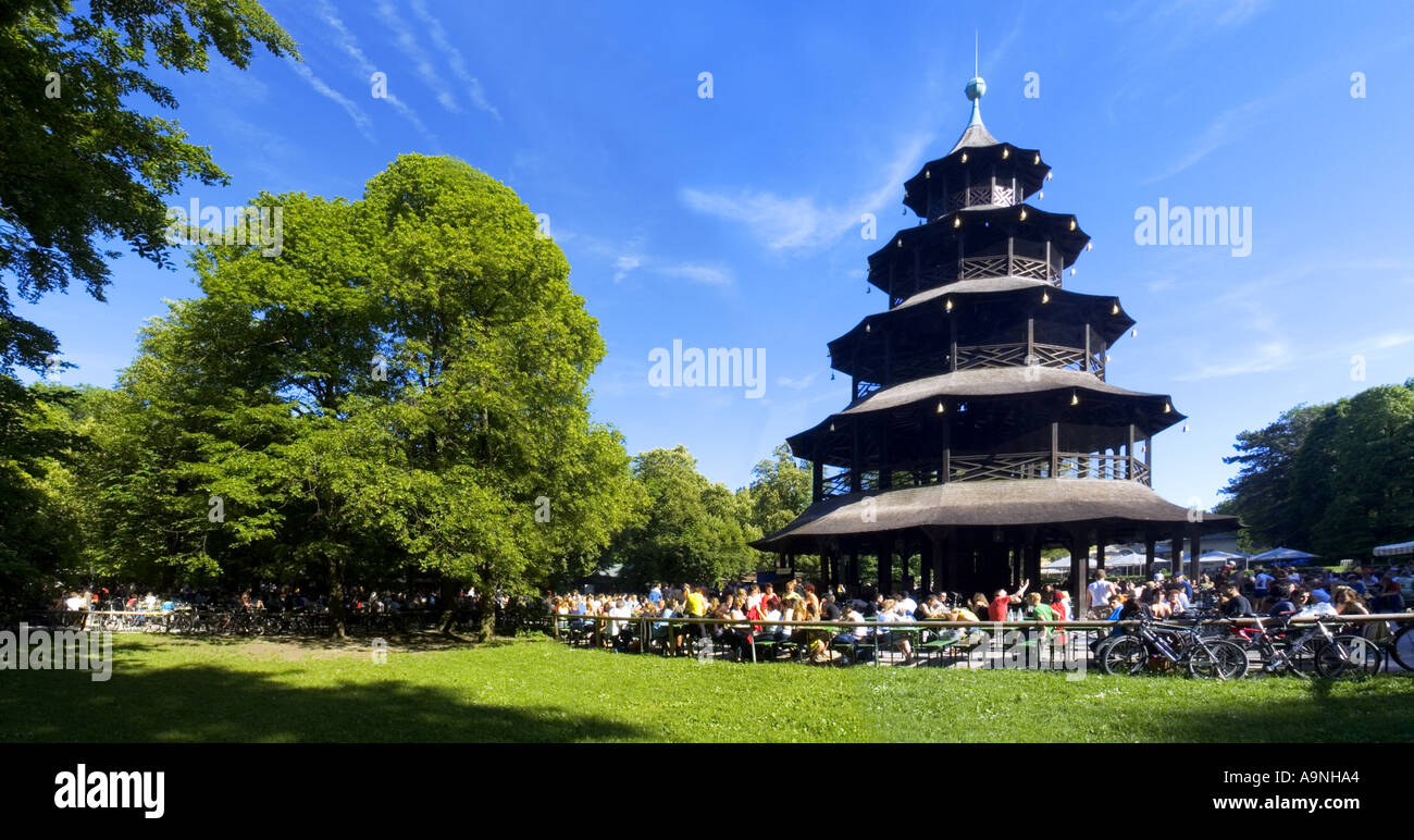 Beer Garden Chinese Tower English Garden Munich Germany Europe enjoy beer drinking summer culture alcohol Stock Photo