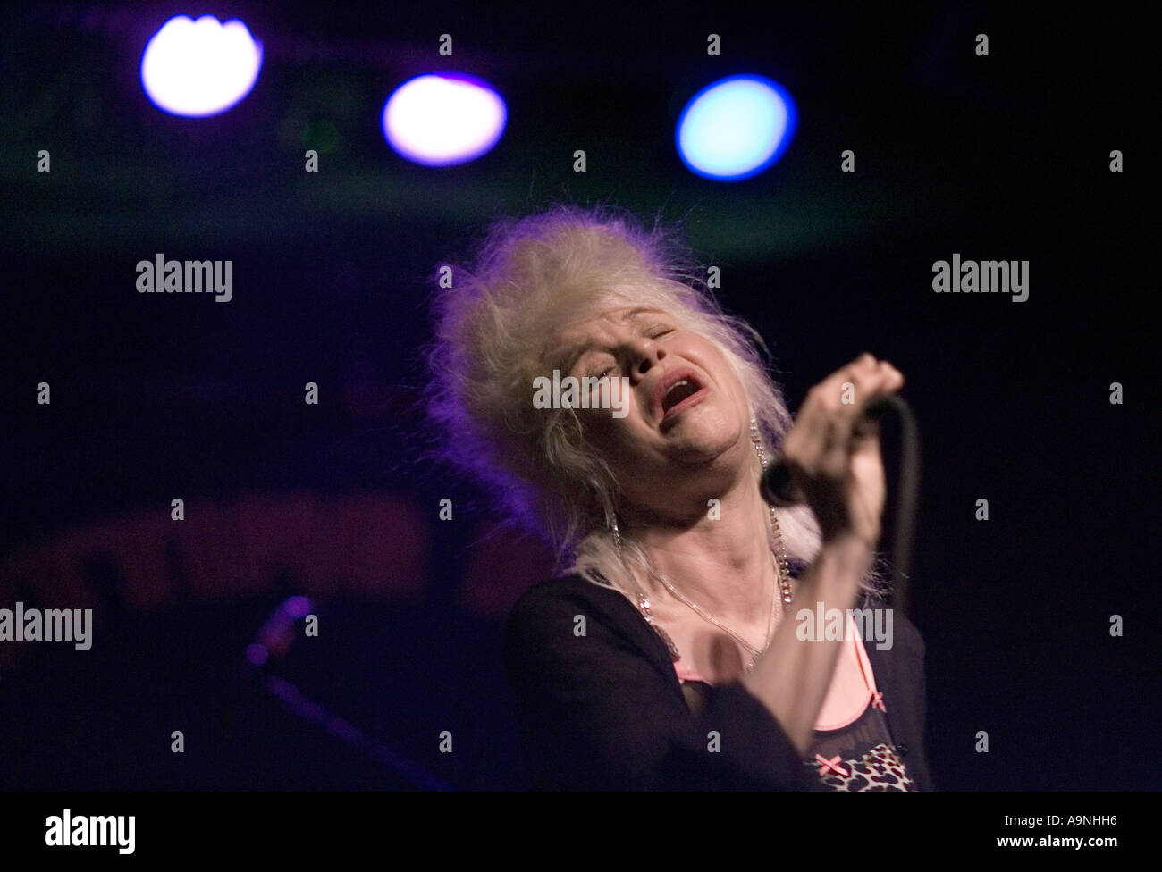 Older American rock singer performing. Stock Photo