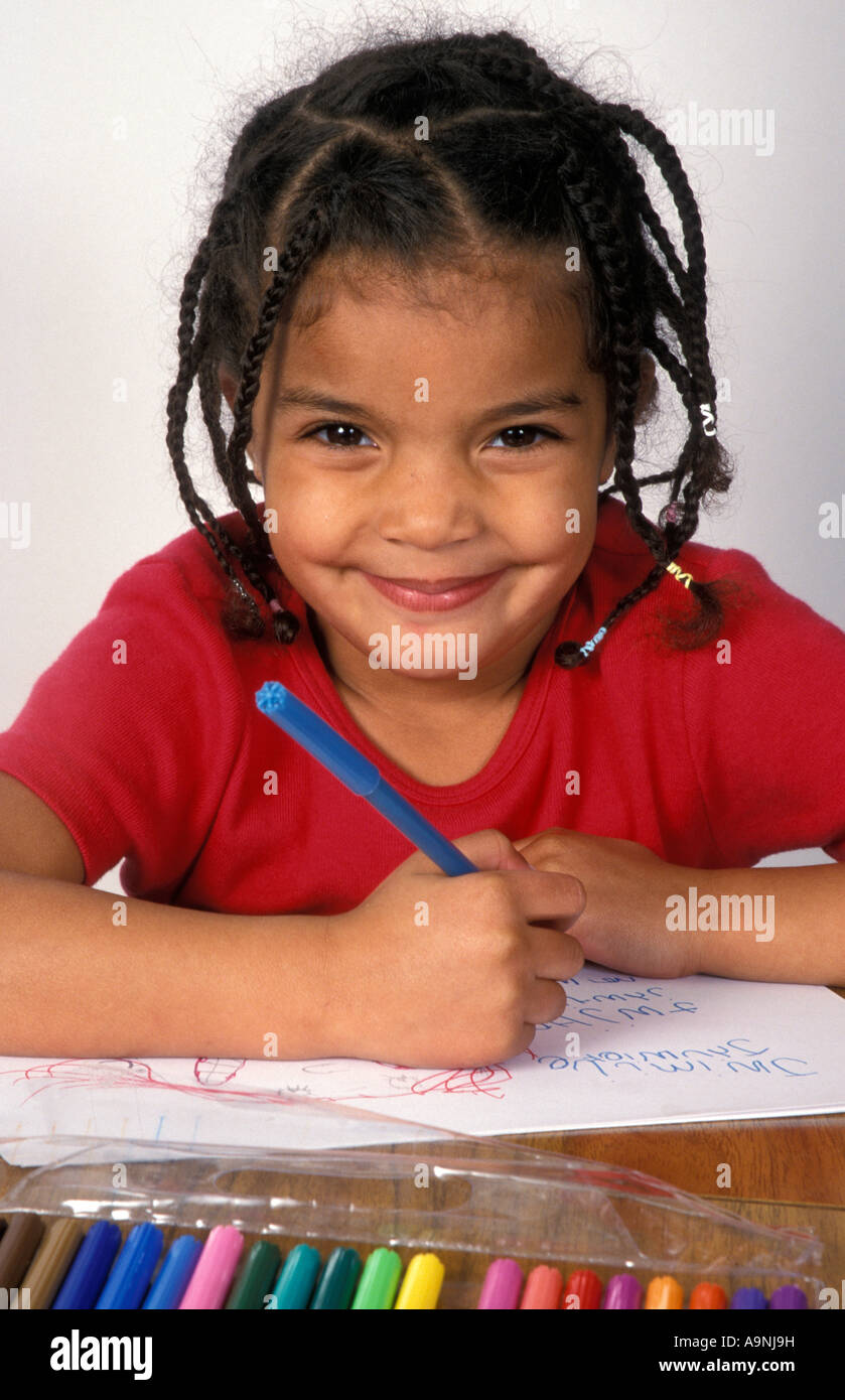 Portrait Little Mixed Race Black Girl In Braids Colouring