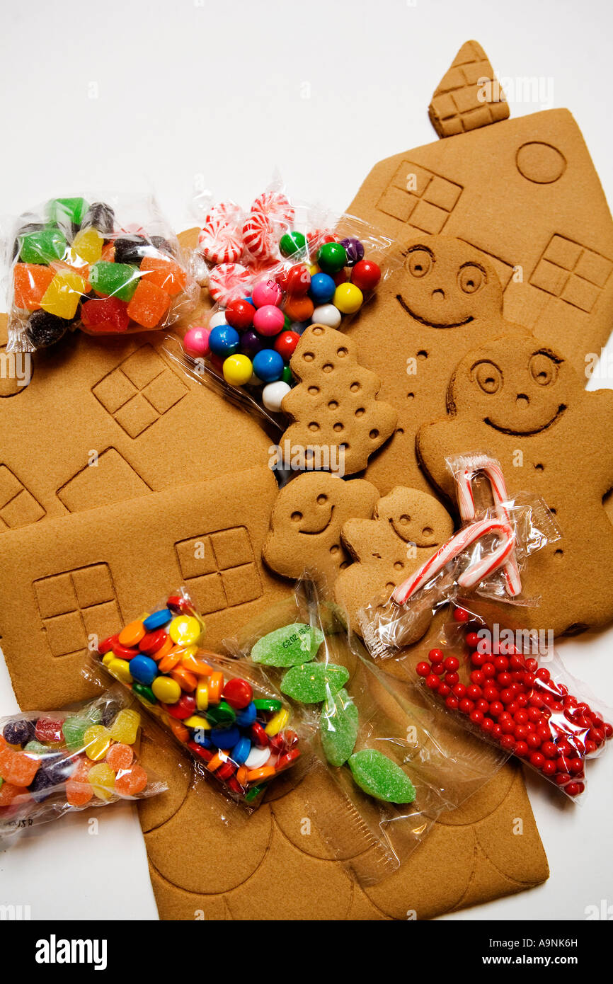 Image showing all the parts to a gingerbread house piled together ready