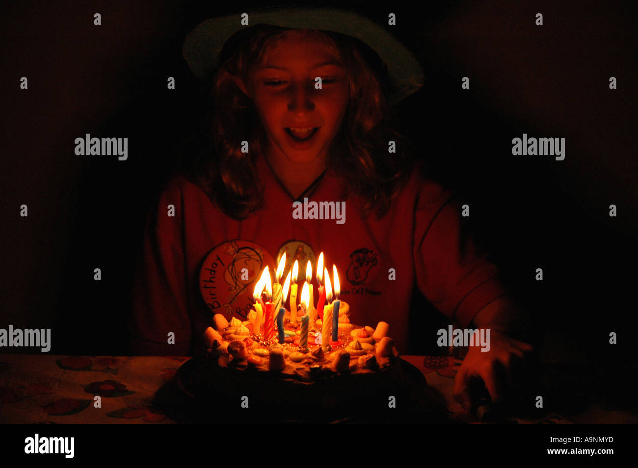 child blowing out candles on her birthday cake Stock Photo Alamy
