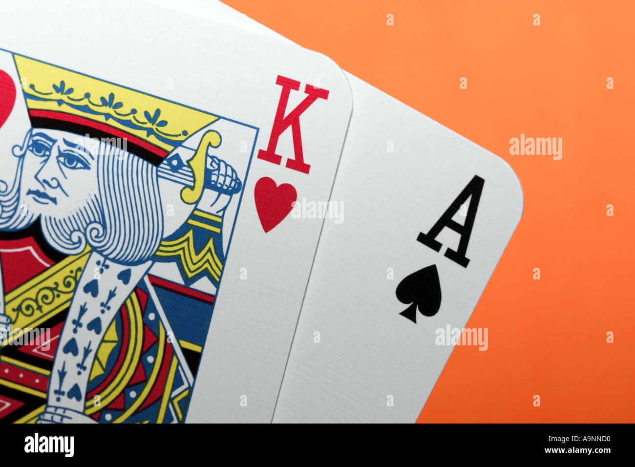 Close up of blackjack pontoon 21 hand king of hearts and ace of spades Stock Photo