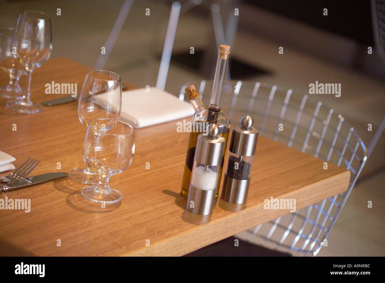 Condiments on table Stock Photo