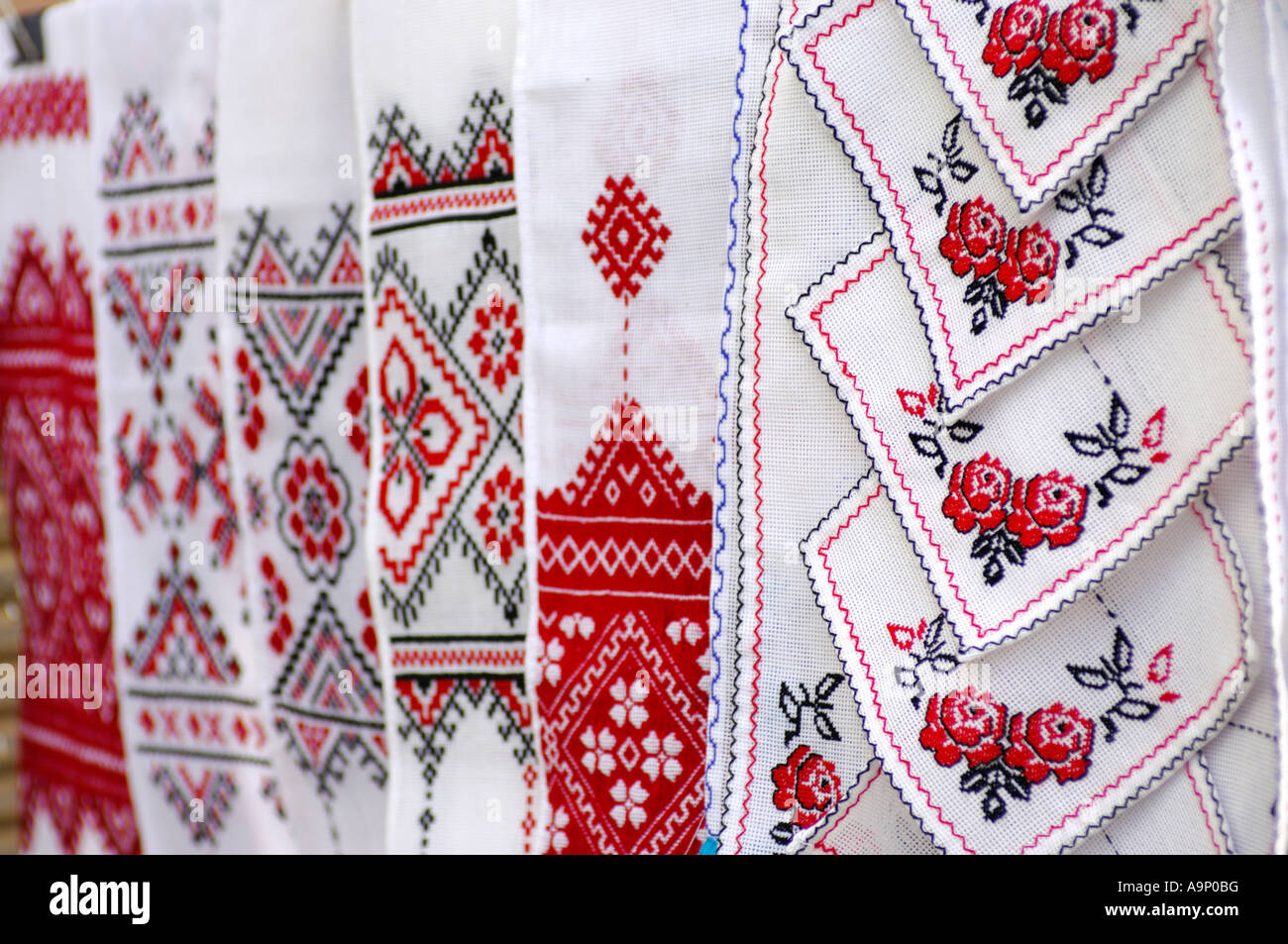 Ukrainian towels with traditional folk national embroidery culture souvenirs folklore crafts Stock Photo