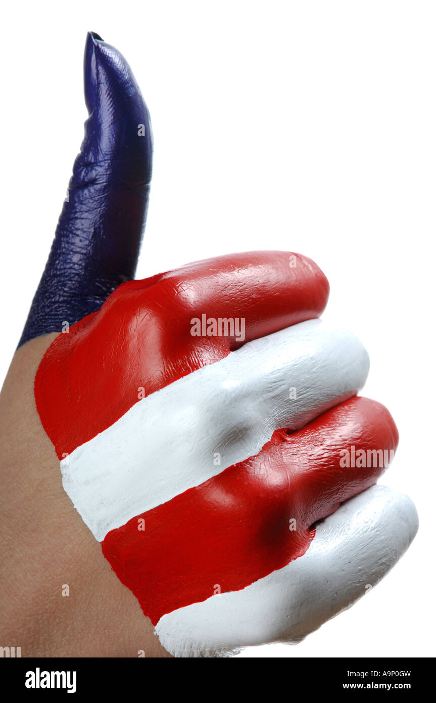 Hand painted in colors of American national flag Thumb up gesture Isolated over white cutout Patriotic concept Stock Photo