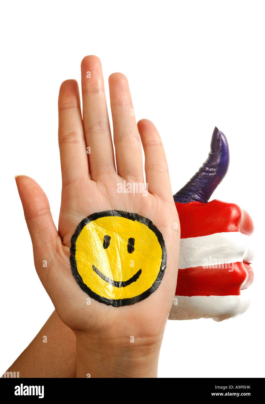 Hands with a funny smiley face and american national colors showing thumb up gesture Patriotic concept Stock Photo