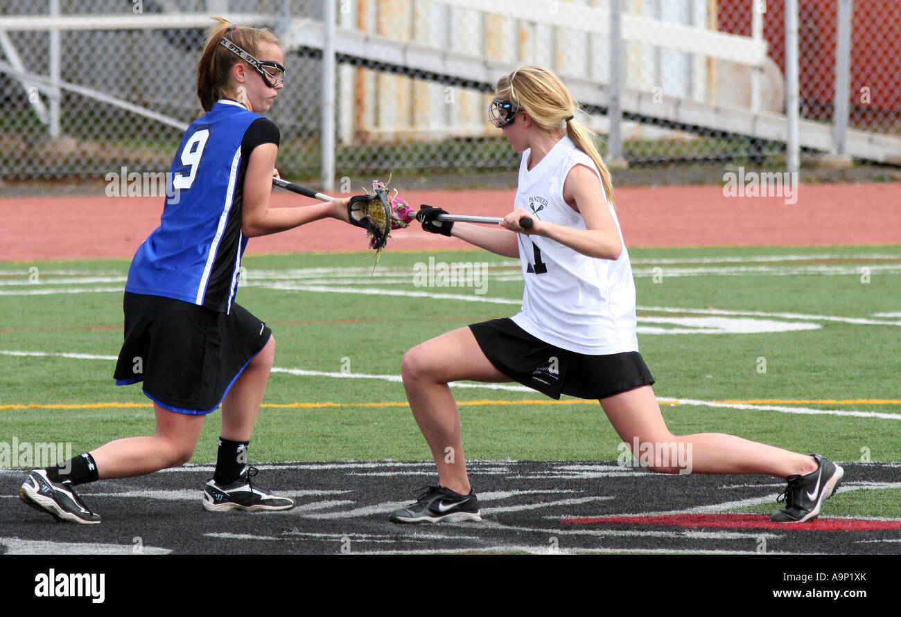 Girls high school lacrosse face off Stock Photo Alamy