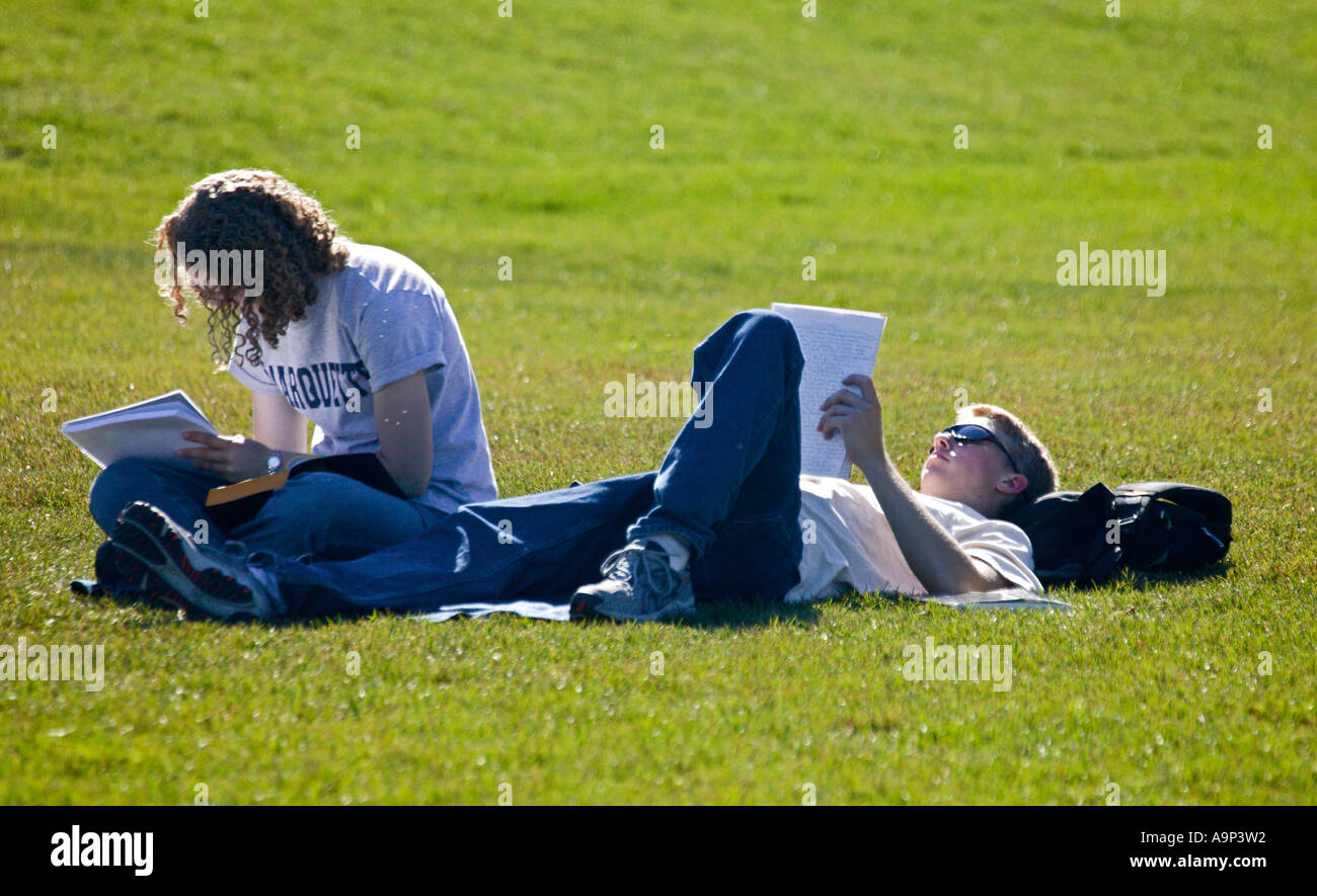 Young couple studying on grassy lawn Stock Photo