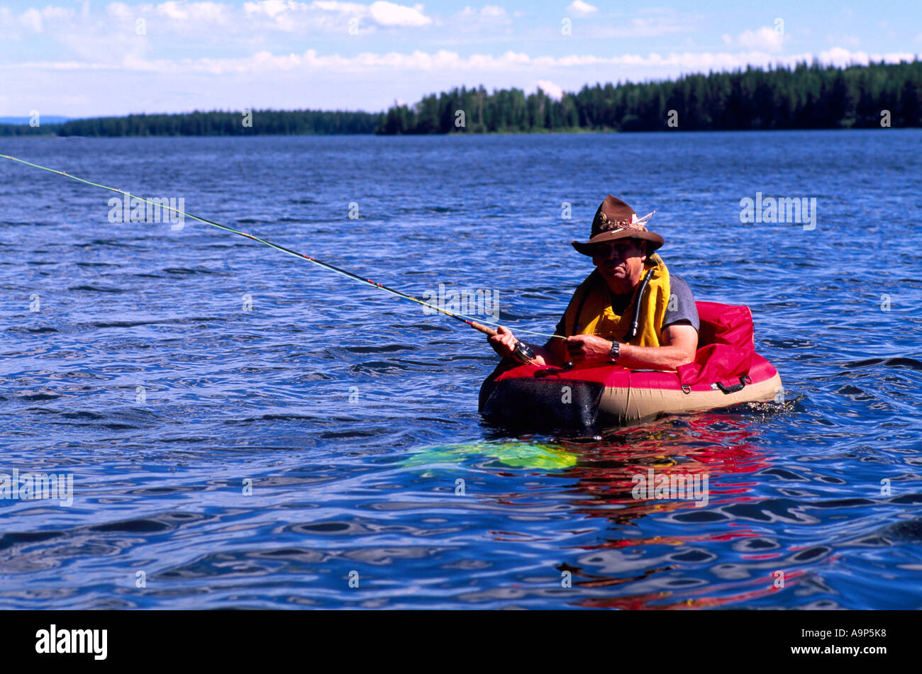 Fly fishing belly boat Colorado Stock Photo