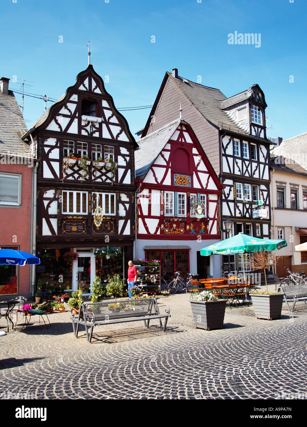 Half timbered shops, houses and Inns at Rhens in the Rhine Valley, Germany, Europe Stock Photo