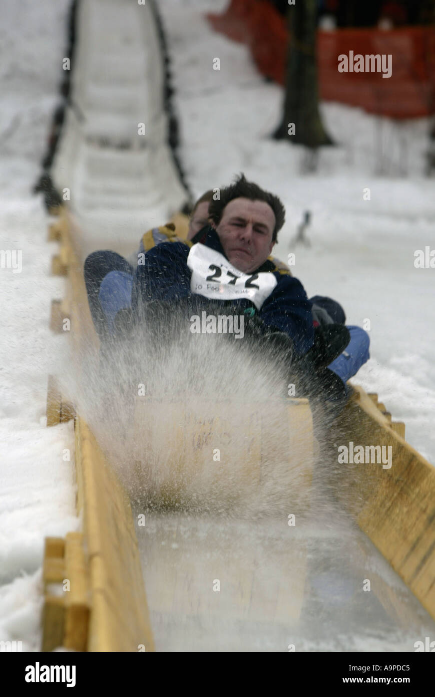 Sledders coming down a toboggan chute Stock Photo Alamy