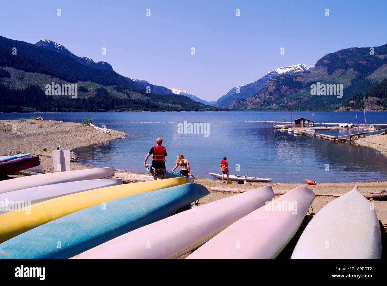 Strathcona Provincial Park, Vancouver Island, BC, British Columbia, Canada - Scenic View and Canoes at Upper Campbell Lake Stock Photo