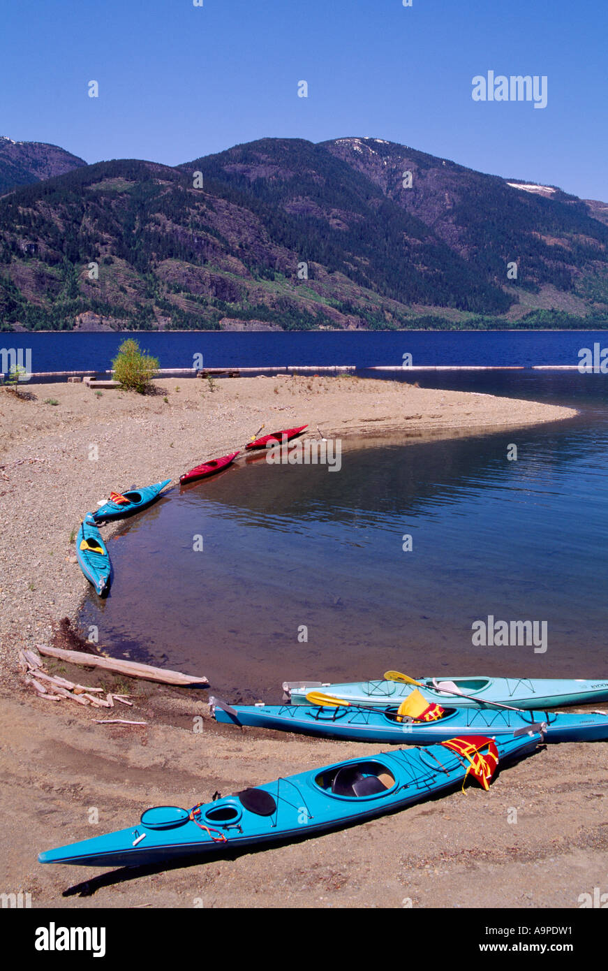 Strathcona Provincial Park, Vancouver Island, BC, British Columbia, Canada - Kayaks at Upper Campbell Lake Stock Photo