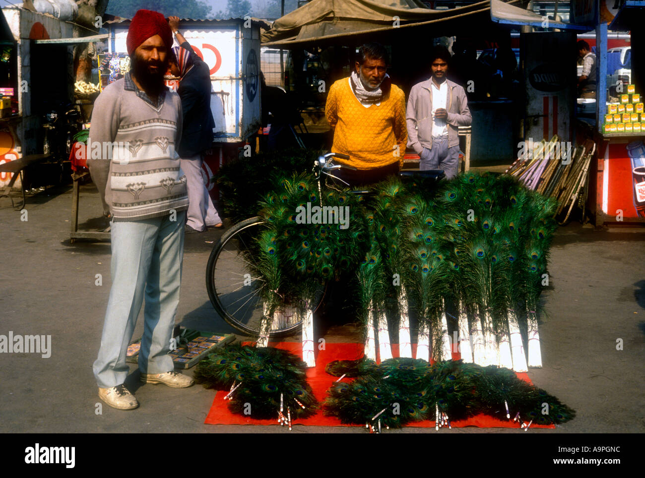 Man selling Peacock Feathers at the Red Fort New Delhi India Stock