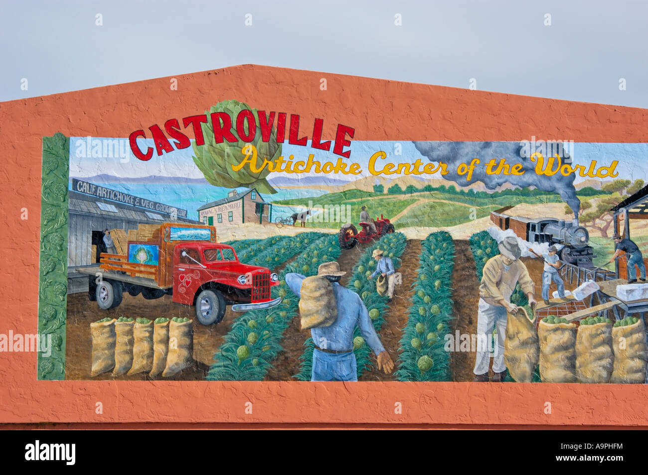 Mural of the artichoke harvest in the artichoke center of the world