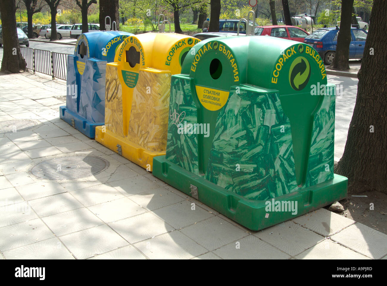 Green yellow blue recycling plastic bin street furniture ecological eco friendly waste