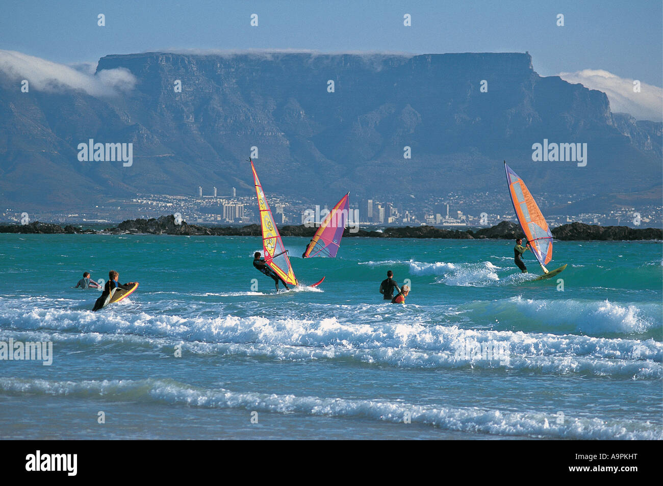 Sail boards with Table Mountain backdrop Cape Town Western Cape South