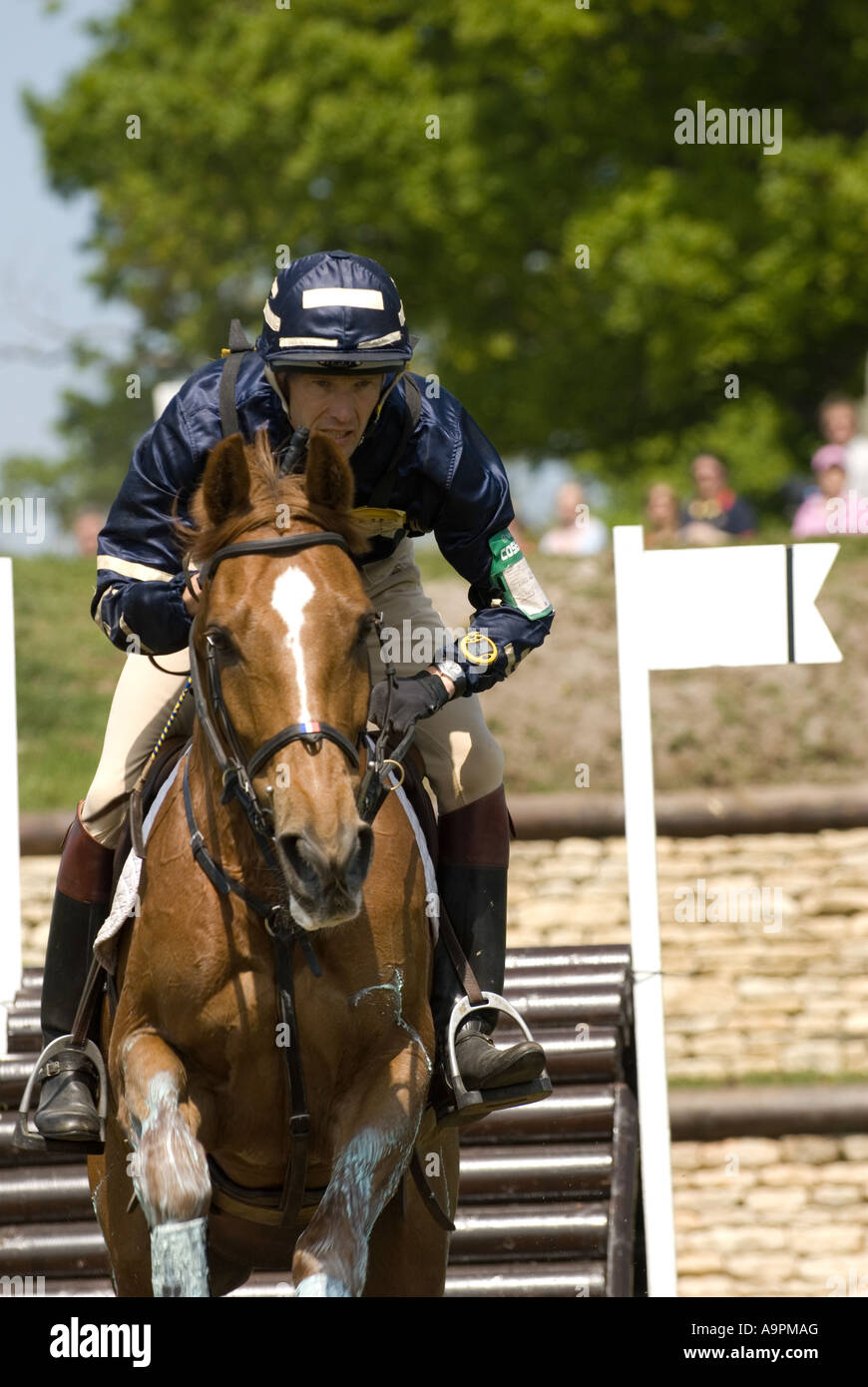 Three Day Event Rider Jean- luc Bigot Taking part in the Cross Country Phase at the Badminton Horse Trial 2007 Stock Photo